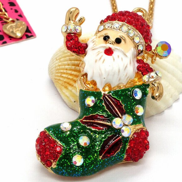 Jolly SANTA CLAUS Stocking Rhinestone Necklace - Picture 2 of 11
